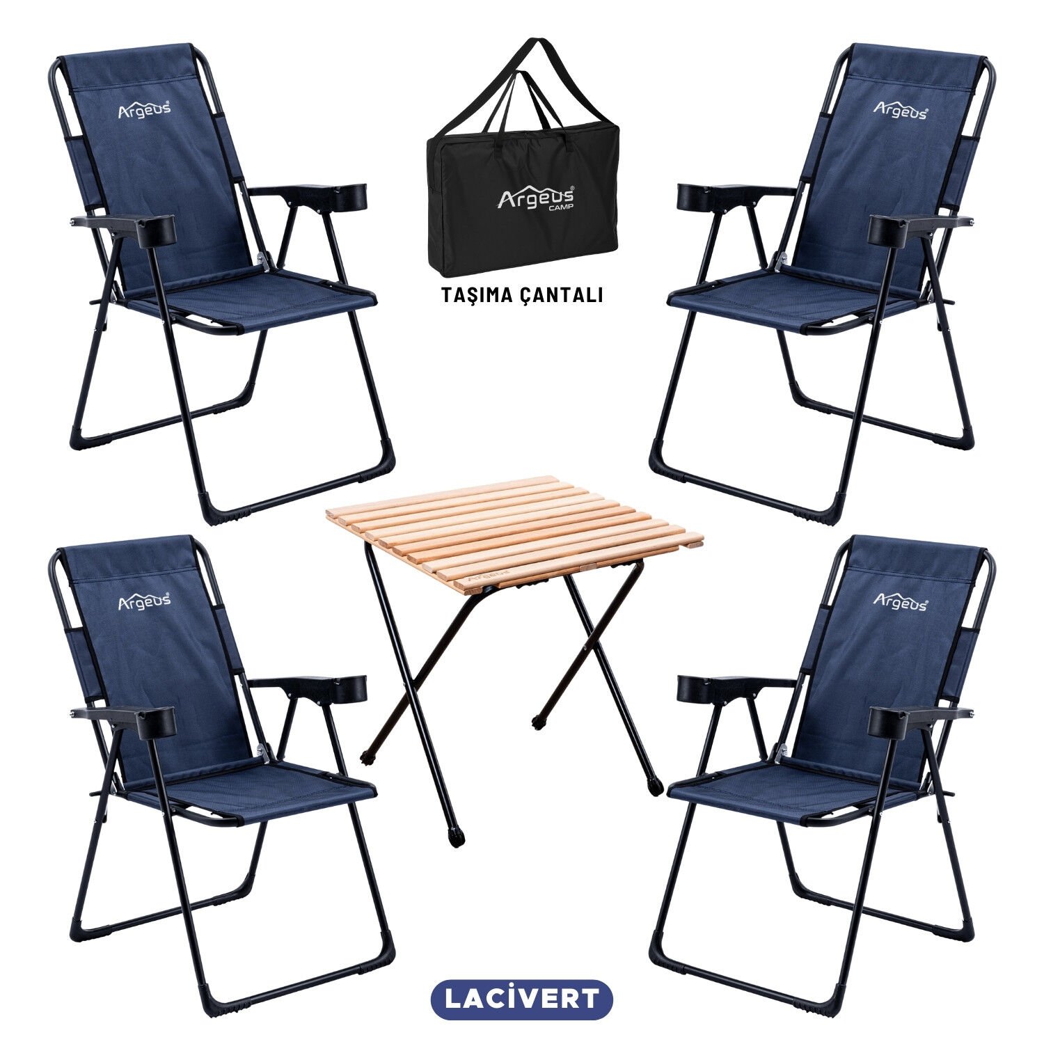 4 Adet Katlanır Kamp Sandalyesi ve Masa Seti - Rest - Taşıma Çantalı - Lacivert - 130 KG Taşıma