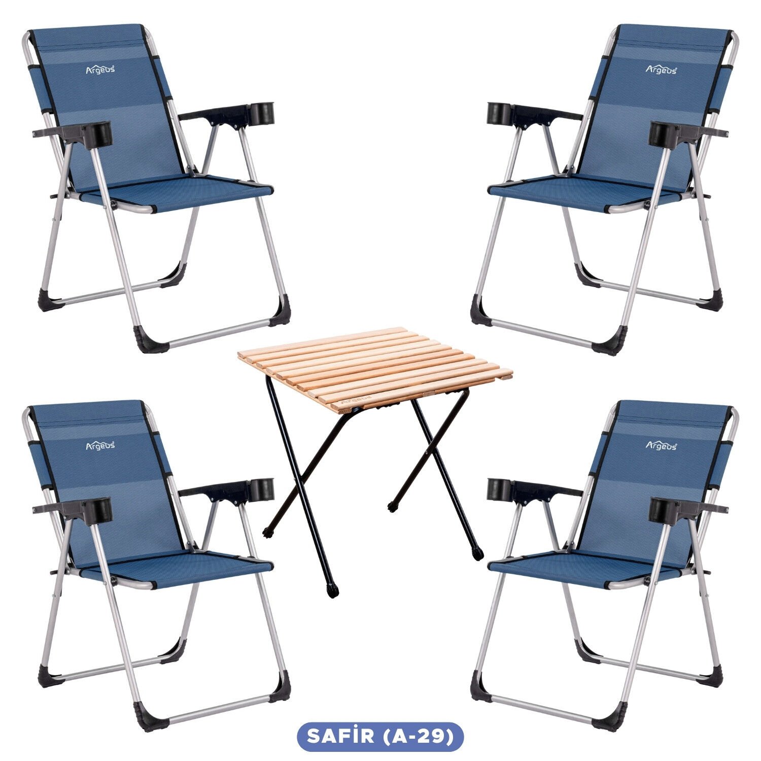 4 Adet Katlanır Kamp Sandalyesi ve Masa Seti - Rock - Safir - Bardaklıklı - 140 KG