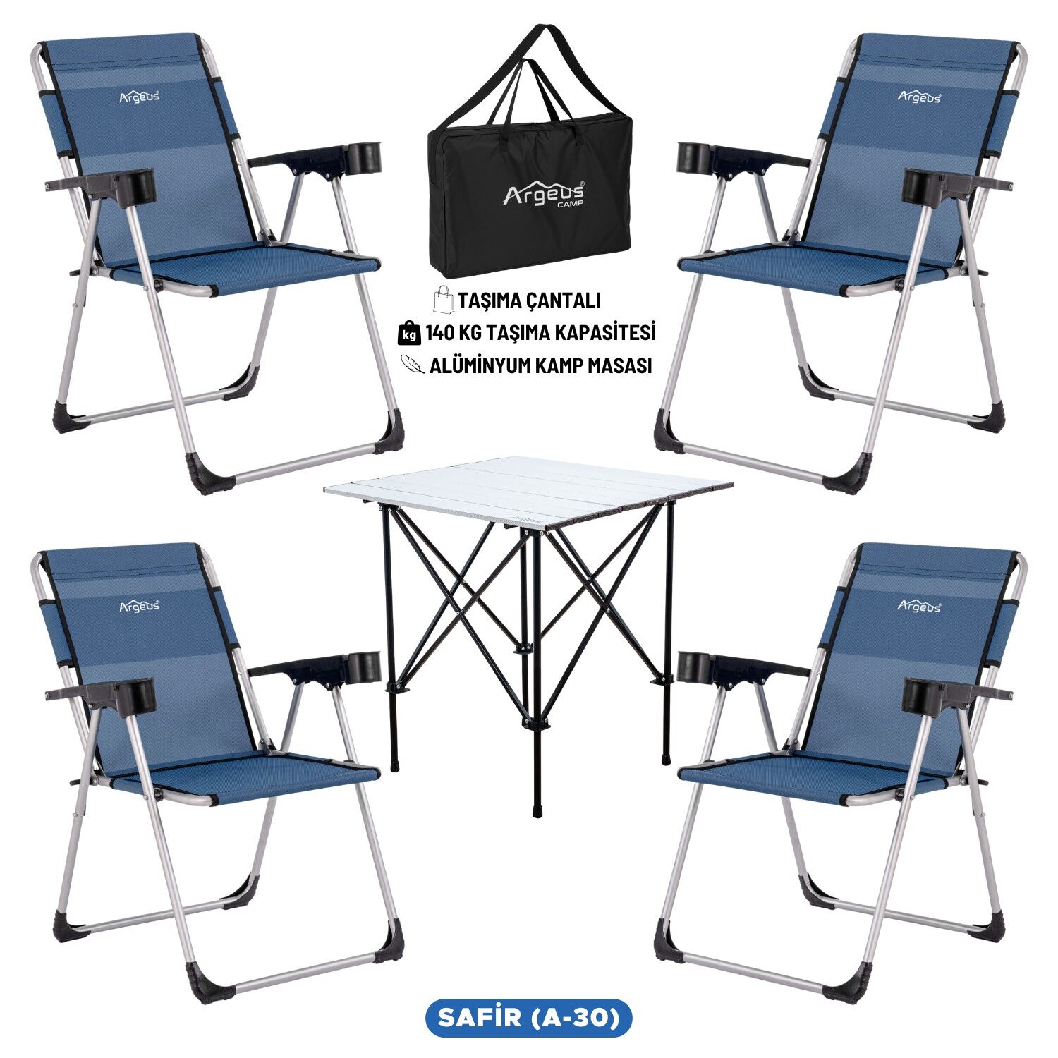 4 Adet Katlanır Kamp Sandalyesi ve Alüminyum Masa Seti - Rock Silver - Safir - Taşıma Çantalı