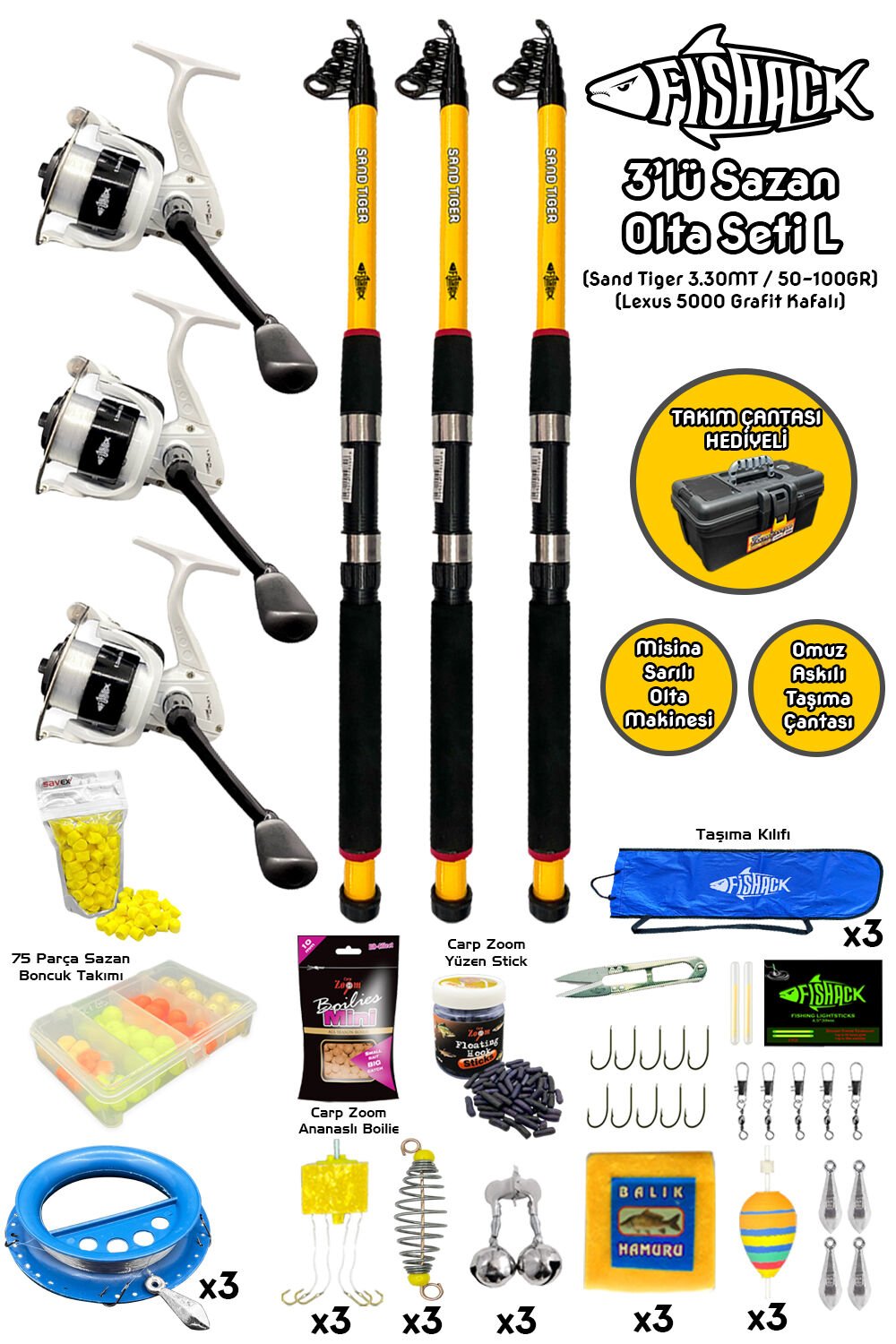 Tam Takım Sazan Olta Seti - 3'lü Set - L - 3.30MT/50-100GR