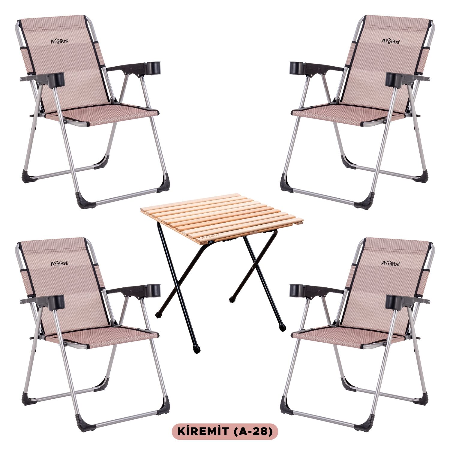 4 Adet Katlanır Kamp Sandalyesi ve Masa Seti - Rock - Kiremit - Bardaklıklı - 140 KG