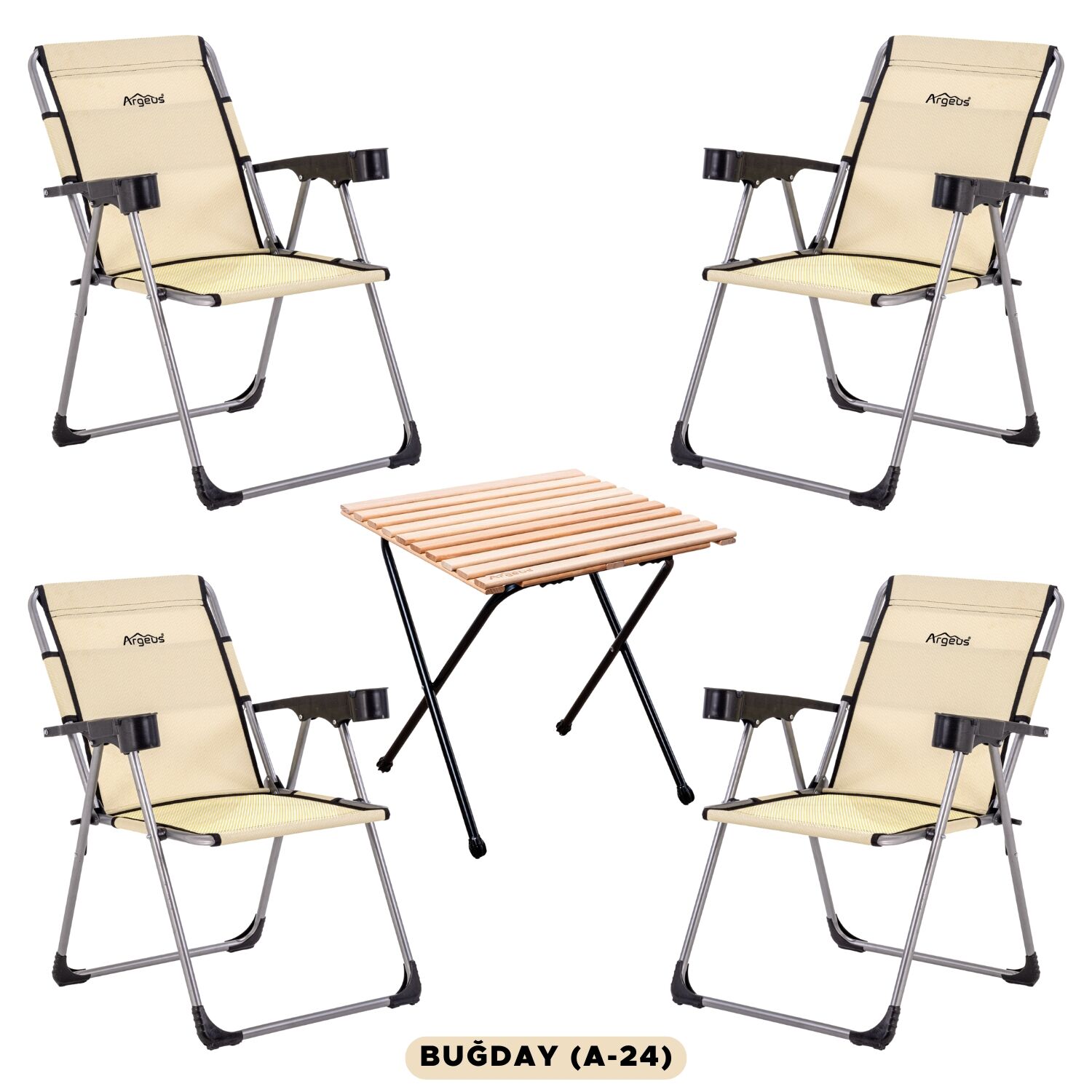 4 Adet Katlanır Kamp Sandalyesi ve Masa Seti - Rock - Buğday - Bardaklıklı - 140 KG