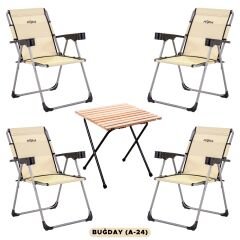 4 Adet Katlanır Kamp Sandalyesi ve Masa Seti - Rock - Buğday - Bardaklıklı - 140 KG